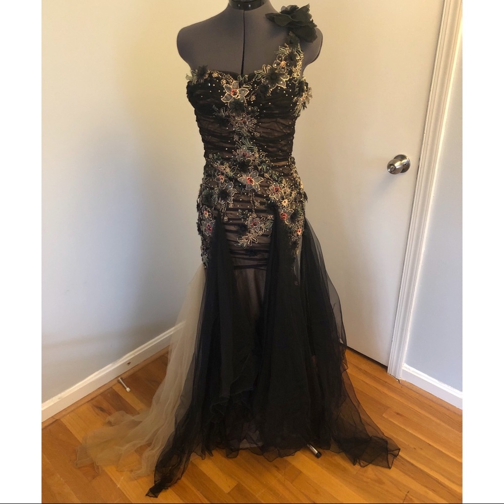 Black lace and crystal couture gown